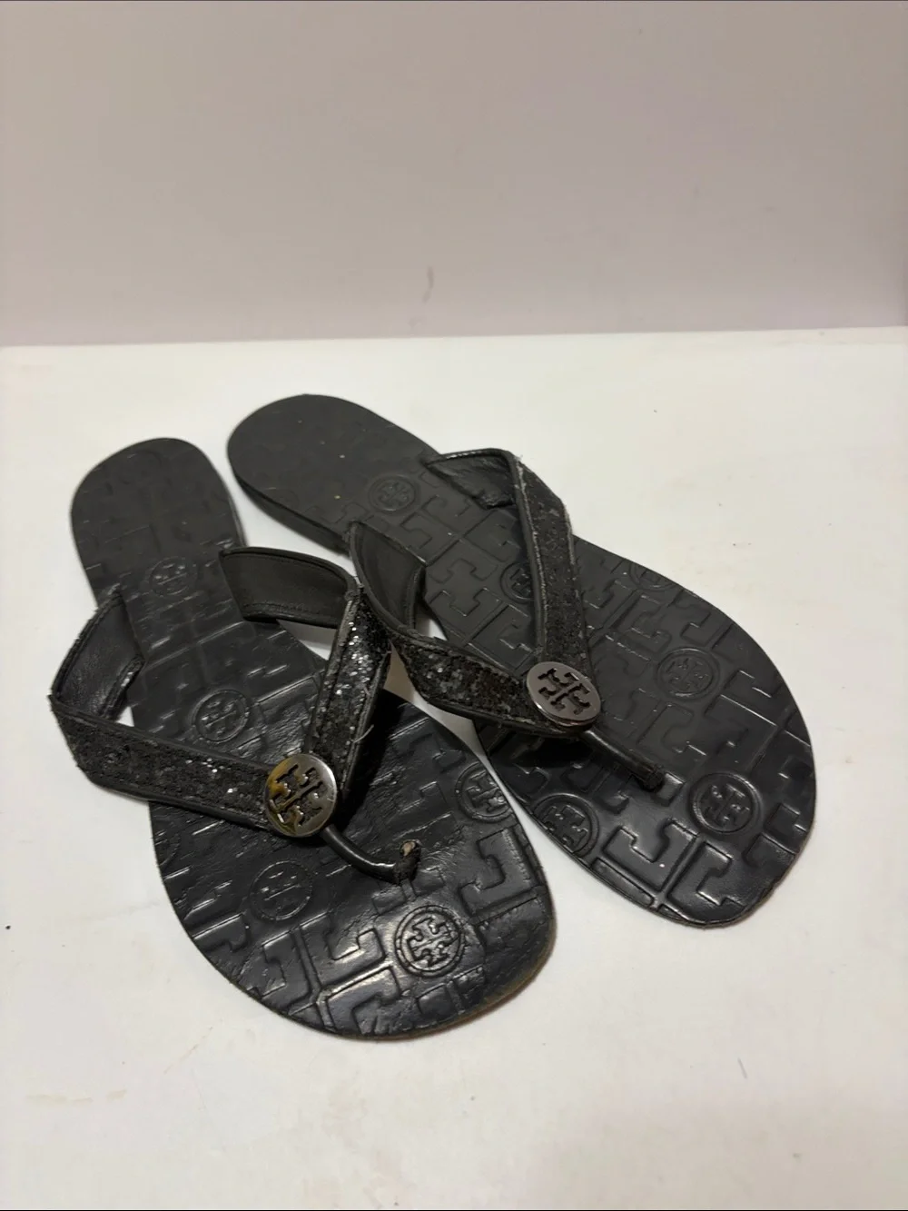Tory Burch Black Glitter Women’s Sz 8 Logo Thong Sandals